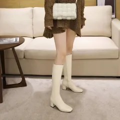 Large Size Tall But Knee-long Skinny Boots - Beige - View 1