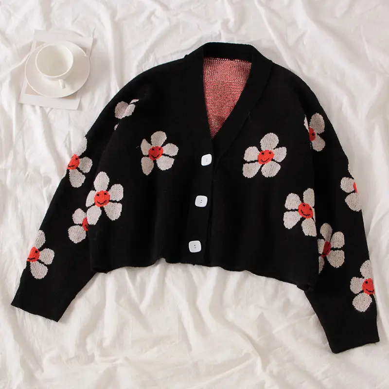 New College Style Flower Knitted Jacket Loose V-Neck Spring And Autumn Sweater Cardigan Blouse Short