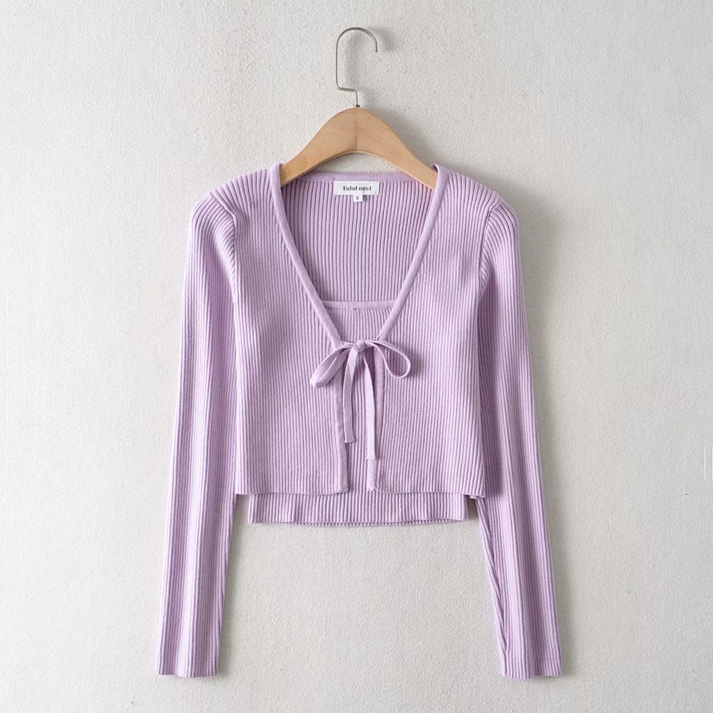New Lace-up Long-sleeved Jacket Flat-mouth Threaded Camisole Knitted Cardigan Two-piece Suit