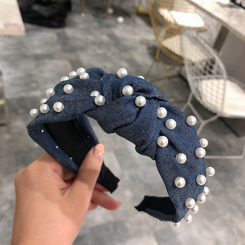 Pearl Style Headband Fashionable Middle Knotted Headdress Hairpin Denim