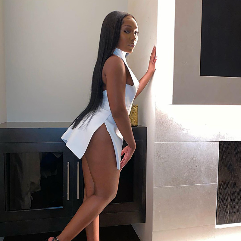 WannaThis Faux Leather Womens Dress Long Sleeve Turtleneck Back Hollow out Sexy Split Dress Backless Elegant Casual Dress Women