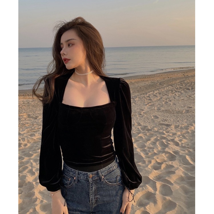 Temperament Exposed Clavicle Square Neck Puff Sleeve Short Velvet Shirt Bottoming Shirt