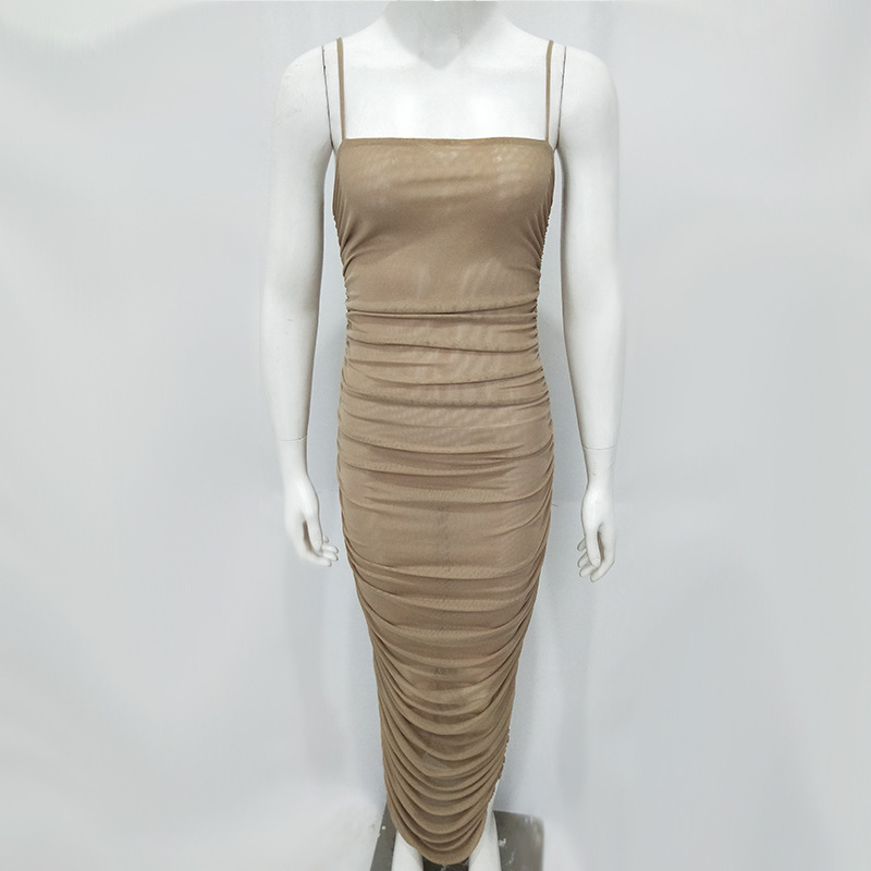 Sling Sling-Neck Pleated Split Dress Slim Sexy Mesh Nightclub Dress