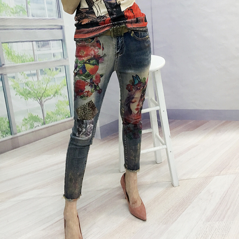 Real Shot European And American Fashion Heavy Industry Printed Elastic Nine-Point Women'S Jeans