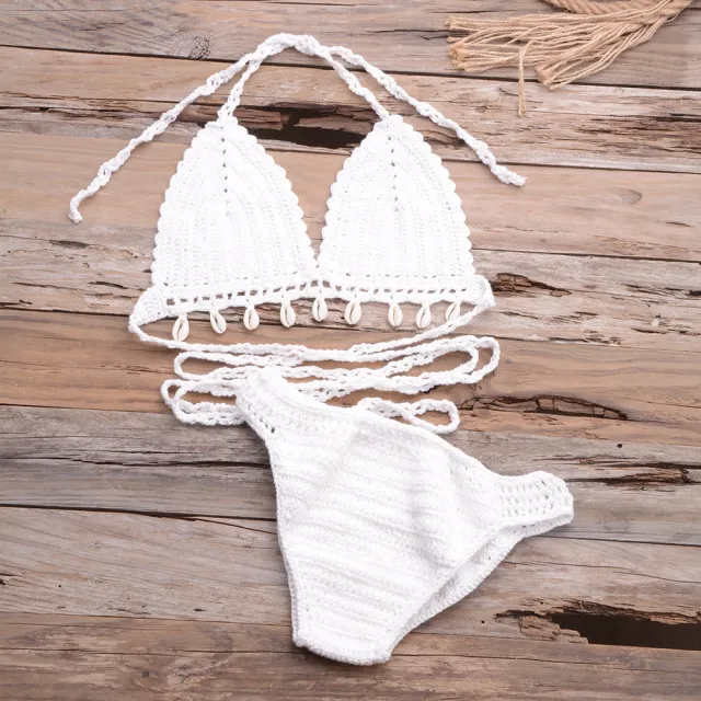 Hollow Shell Top Hand Woven Bikini Outdoor White - Shop at LoveMi