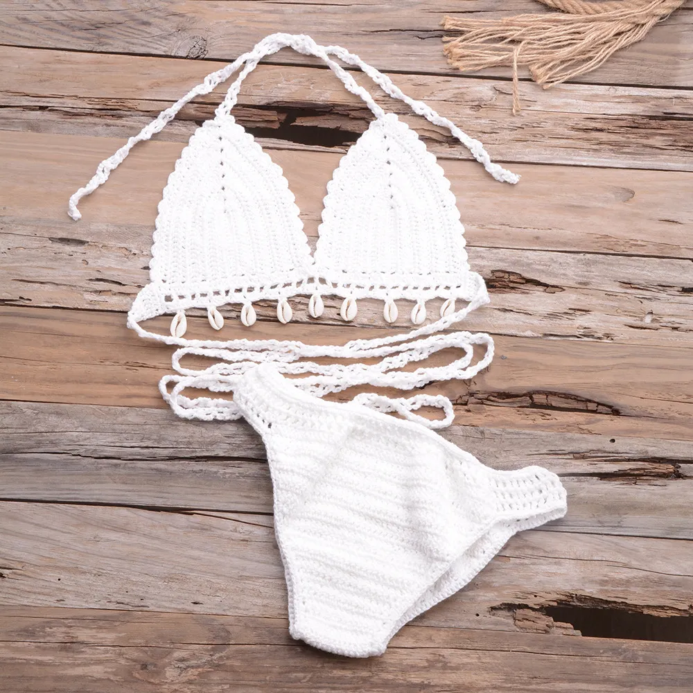 Hollow Shell Top Hand-Woven Bikini Outdoor - White