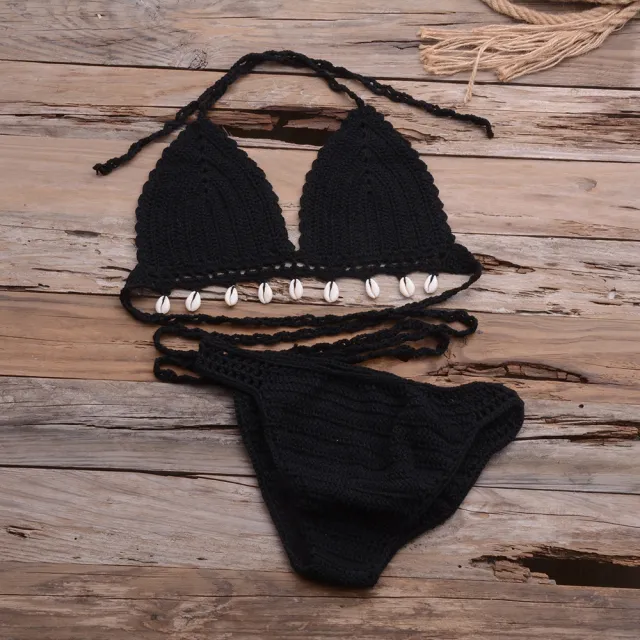 Hollow Shell Top Hand Woven Bikini Outdoor Black - Shop at LoveMi