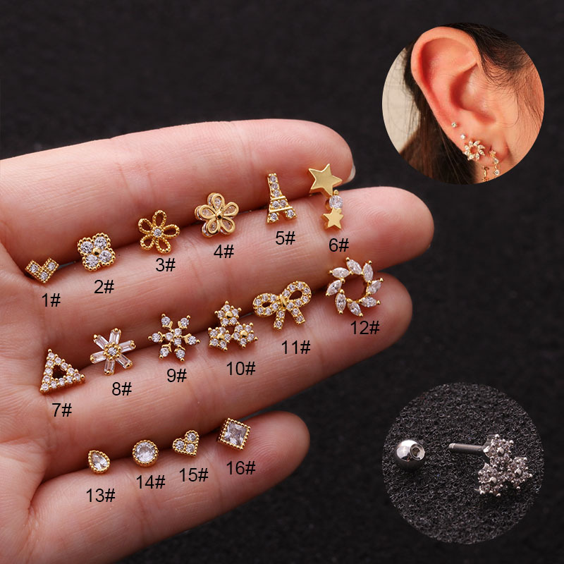 Stainless Steel Screw Earrings Korean Flower Zircon