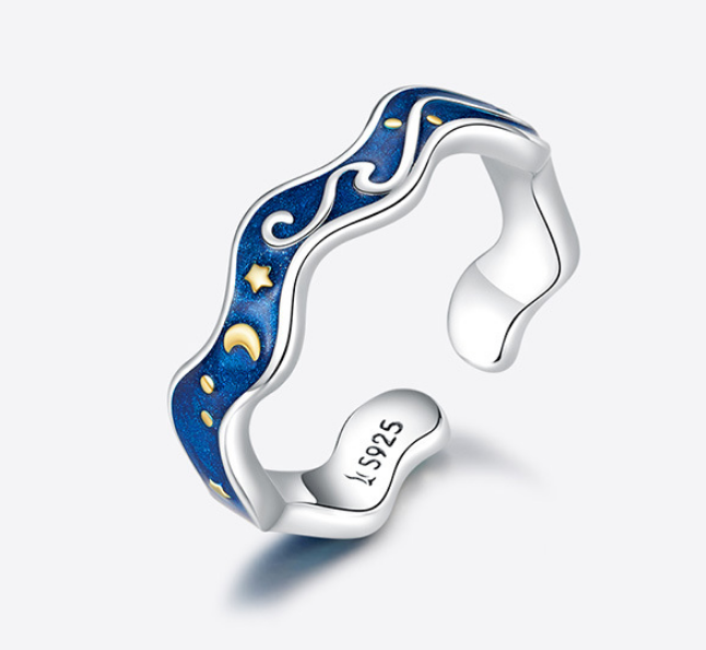 Original Blue Starry Sky Sterling Silver Ring S925 Star Electroplated Gold Open Ring