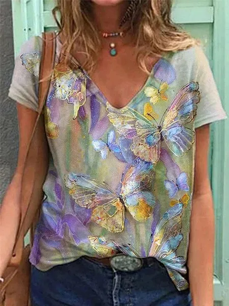 Street Butterfly Print Short Sleeved T Shirt Grey - Shop at LoveMi