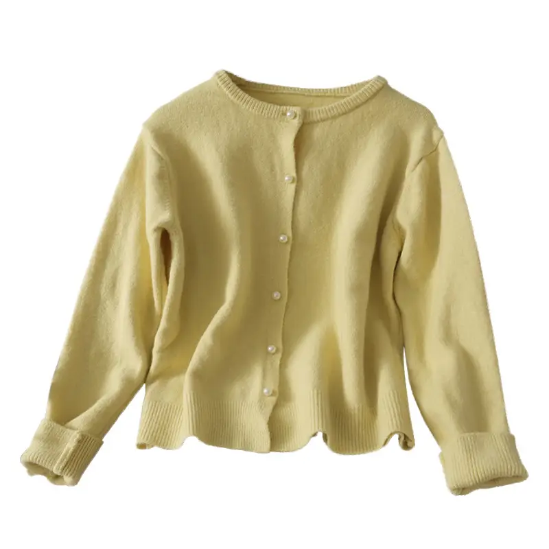 Sweet Style Pearl Single-Breasted Crew Neck Sweater
