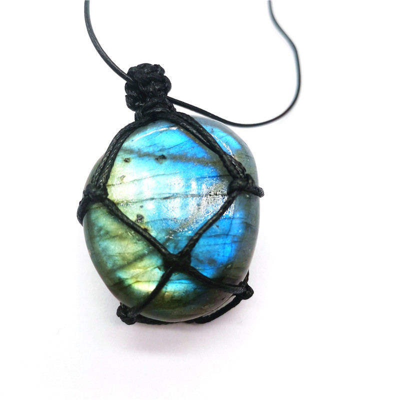 Hand-Woven Natural Moonstone Labradorite Pendant Necklace - Rough Stone Net Bag  - Picture 5 of 5