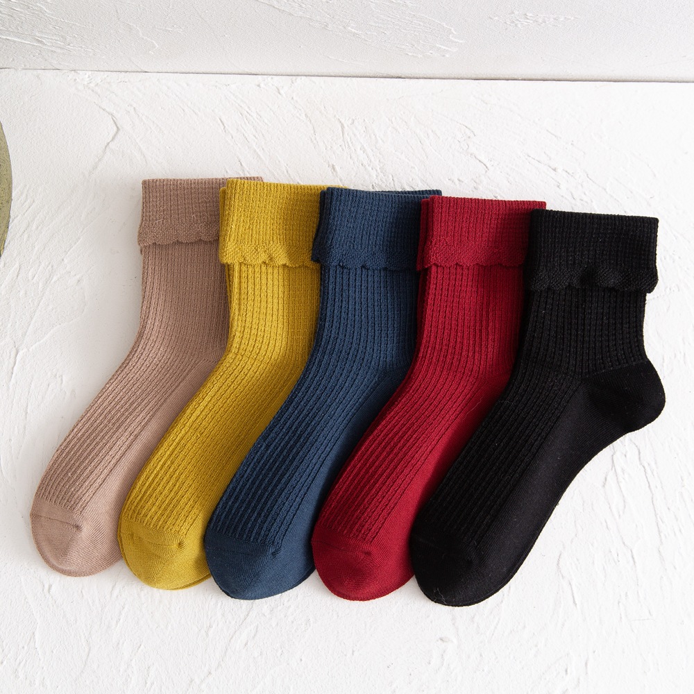 New Socks Women's Mid-Tube Flanging Pile Pile Socks Autumn And Winter Solid Color Bamboo Fiber Women's Socks College Style