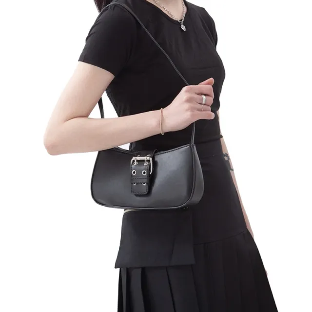 Retro Versatile One shoulder Portable Leather Buckle SmallBlack Bag Underarm Staff Black - Shop at LoveMi