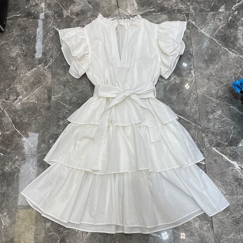 College Style Dress Lotus Leaf Short-sleeved Tie