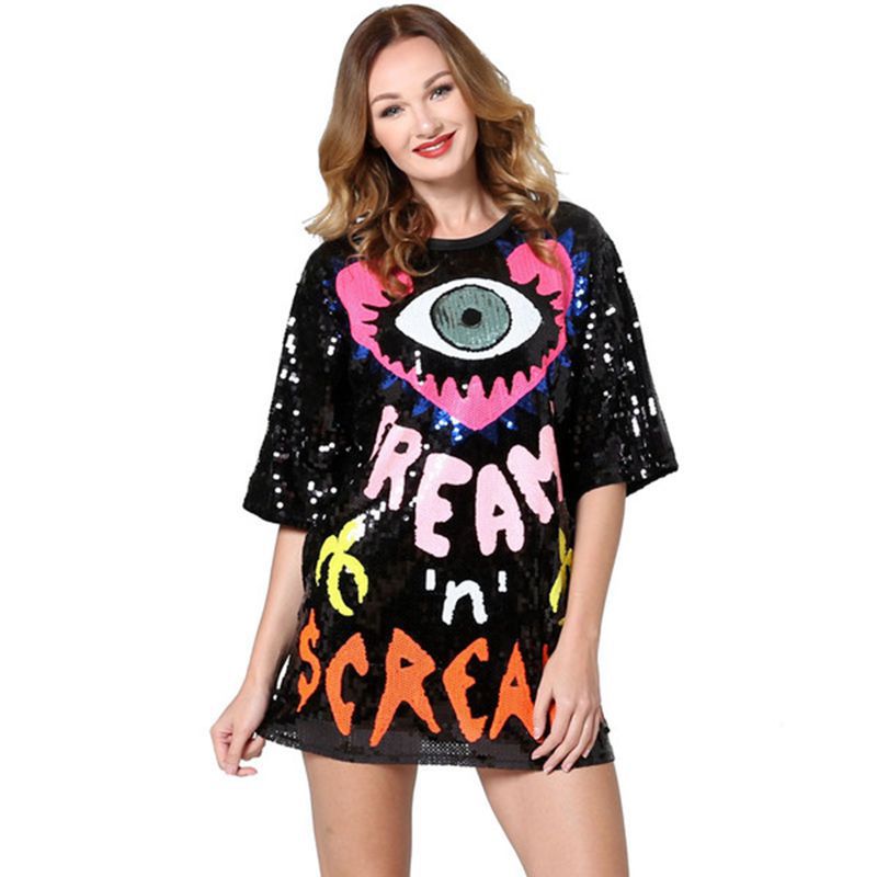Women's Blouse Love Peach-eye Clear Letter Sequined Mid-Length Loose T-shirt