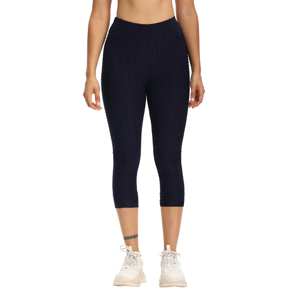 Women Cropped High Waisted Yoga Pants Bubble Hip Butt Lifting Leggings - Navy