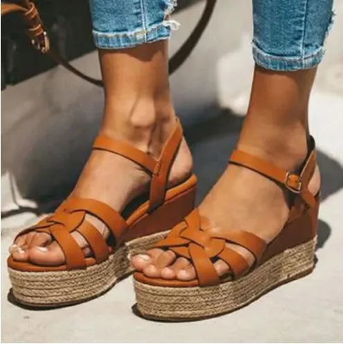 Straw Hemp Rope And Tendon Sole Wedge Women Sandals Yellow - Shop at LoveMi