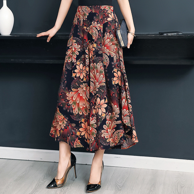 Mother's Rayon Culottes, High Waist, Nine-point Plus Size, Printed Thin Cotton Silk Wide-leg Pants