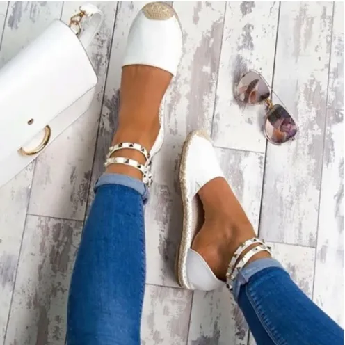 Women's Flat heeled Rope Rivet Shoes White - Shop at LoveMi
