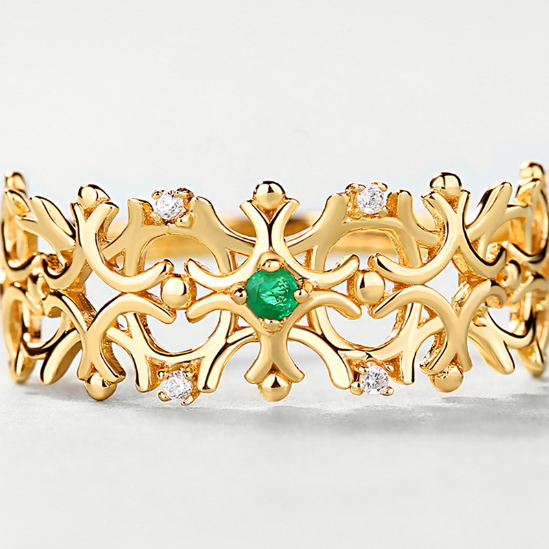 S925 Silver Plated Gold Natural Emerald 3A White Zircon Retro Hollow Open Ring