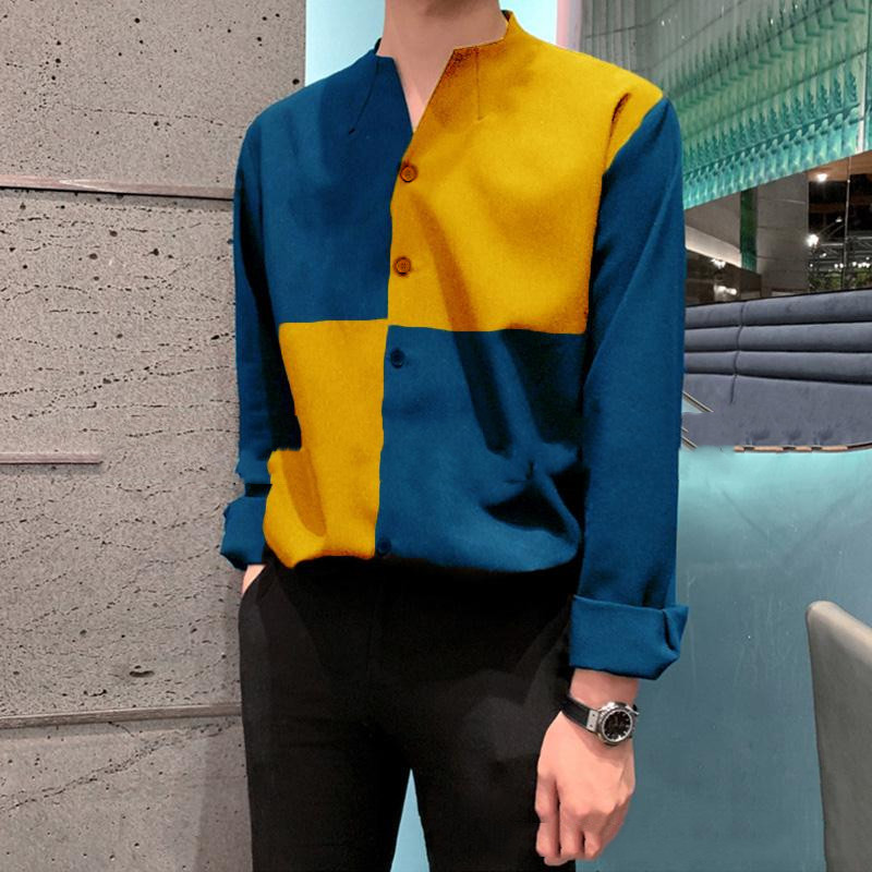 Stitching Men's Youth V Neck Long Sleeved Cardigan Shirt