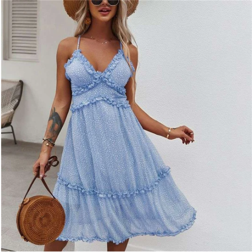 V neck Halter Floral Suspender Dress With Wood Ears Blue - Shop at LoveMi