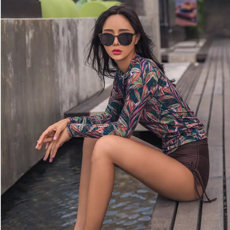 Printed High Waist Split Women's Swimsuit With Long Sleeves