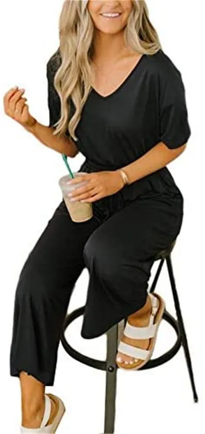 Casual Short sleeved Women's V neck Wide leg Jumpsuit Black - Shop at LoveMi