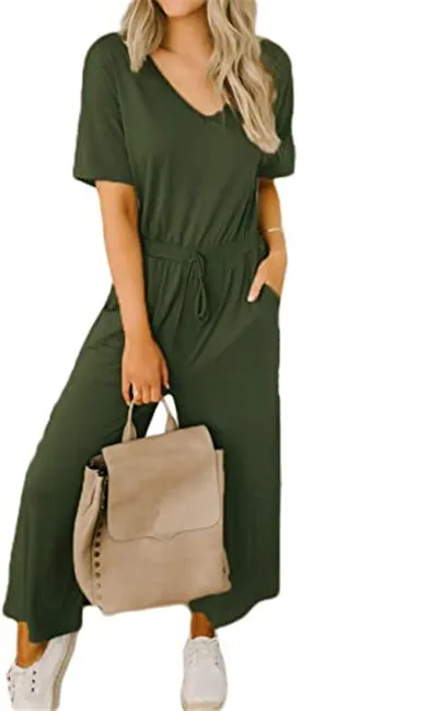 Casual Short sleeved Women's V neck Wide leg Jumpsuit Army Green - Shop at LoveMi