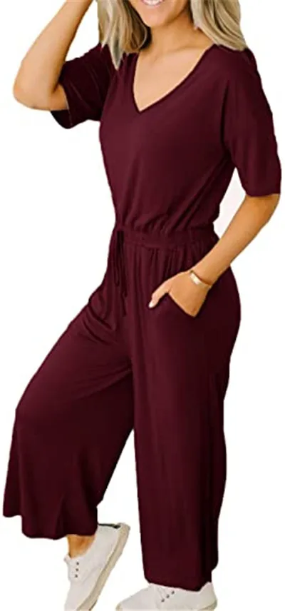 Casual Short sleeved Women's V neck Wide leg Jumpsuit Wine Red - Shop at LoveMi