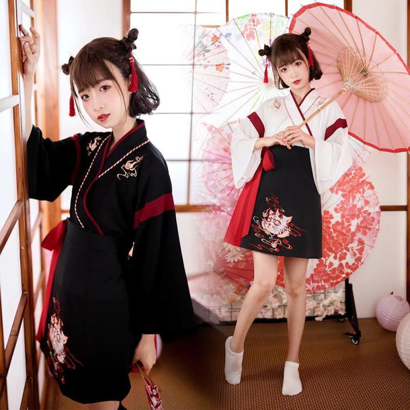 Japanesex Dress Kimono Woman Black White Cat Embroidery Skirts Vintage Asian Clothing Yukata Haori Cosplay Party 2 Pieces Sets