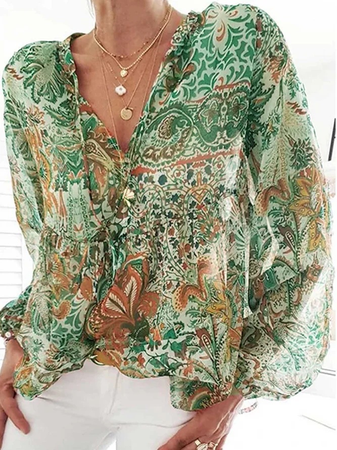 Bohemian Print V-neck Lantern Sleeve Shirt
