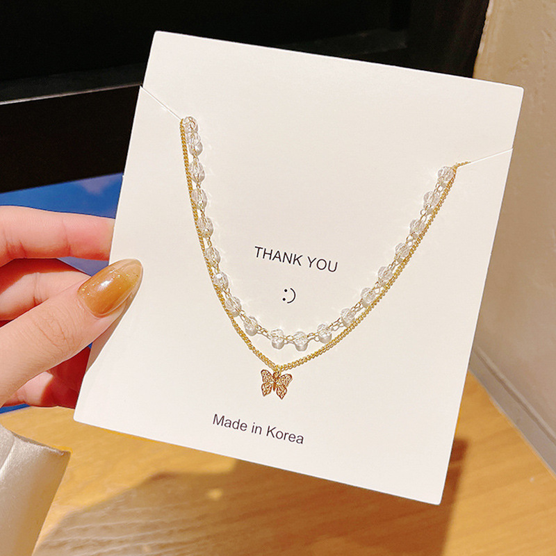 Korean Version Of The New Butterfly Crystal Double-Layer Titanium Steel Necklace Female Ins Fashion Simple Temperament Clavicle Chain