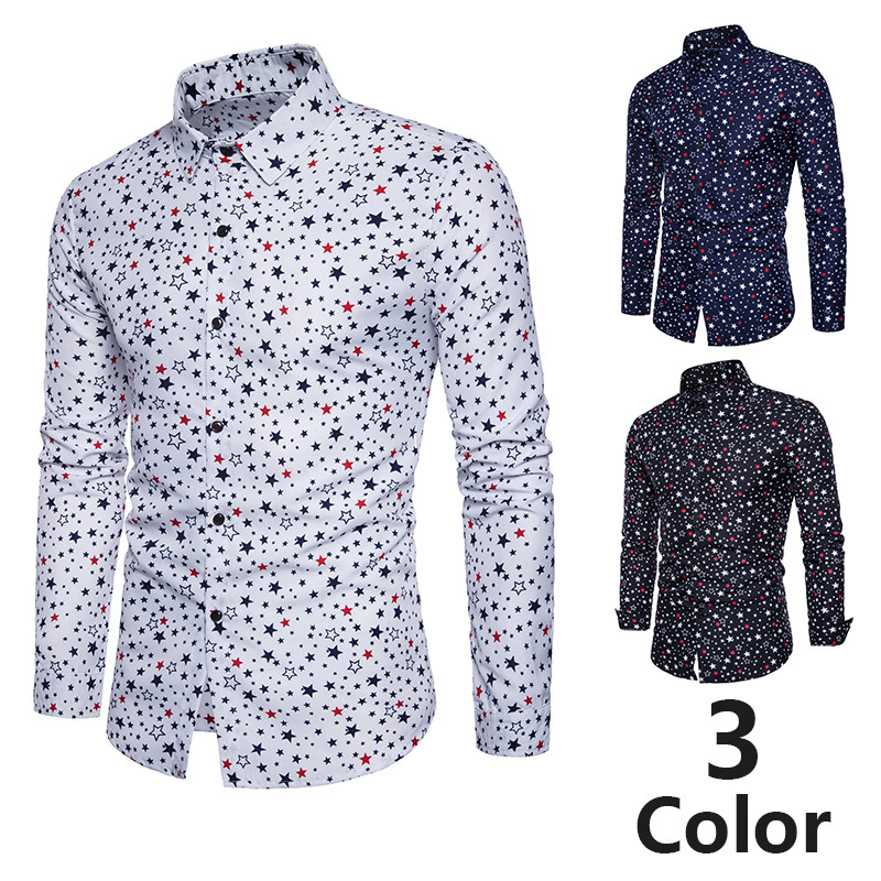 Spring Small Five Pointed Star Print Shirt Men's Fancy Personality Color Matching Floral Shirt