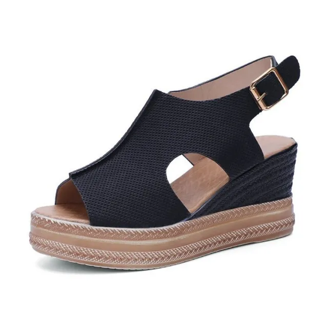 Peep Toe Sandals Women Wedge Heel Platform Buckle Shoes Summer Black - Shop at LoveMi