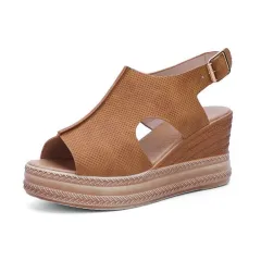 Peep Toe Sandals Women Wedge Heel Platform Buckle Shoes Summer - Brown - View 1