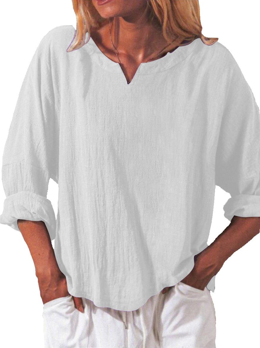 Casual Cotton And Linen Solid Color Loose Retro Long-sleeved V-neck Shirt Women