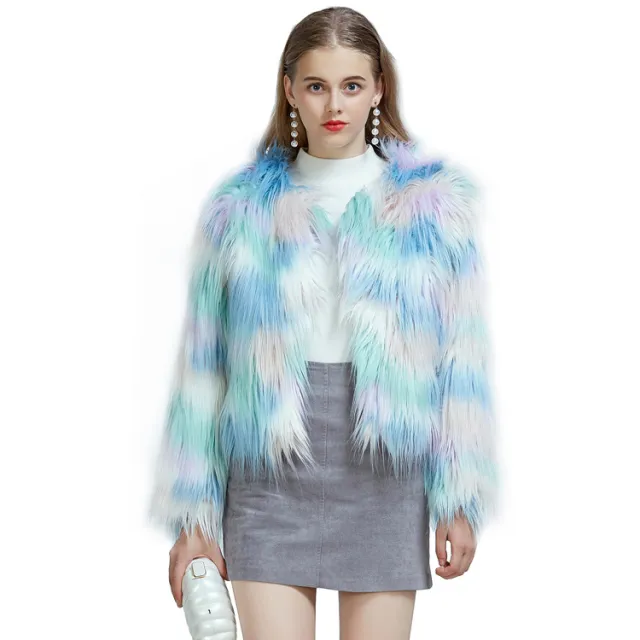 Fashion Streetwear Cardigans Outerwears Womens Ladies Warm Faux Fur Coat Jacket Winter Gradient Color Ice Blue 3Xl - Shop at LoveMi