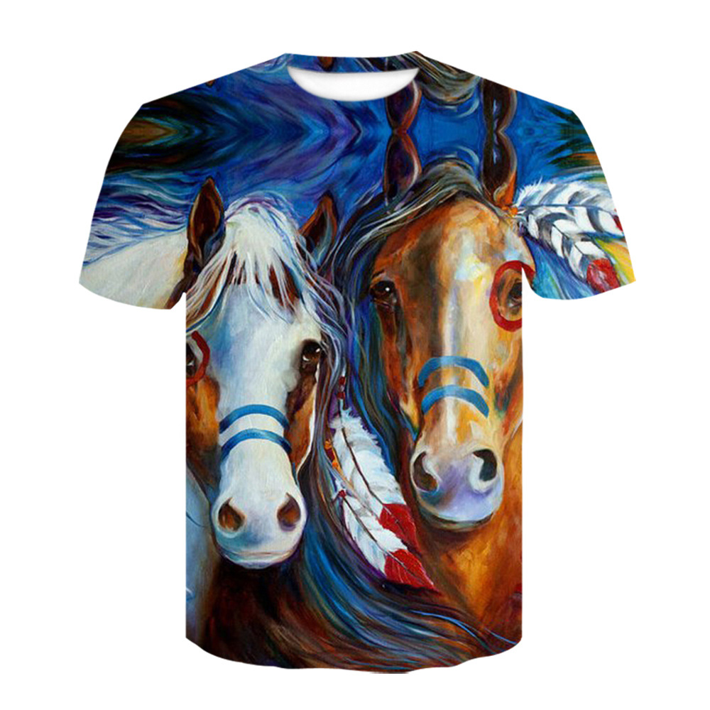 3d Digital Printing Youth Trend Horse Animal Round Neck Pullover Men's T-shirt Short Sleeve