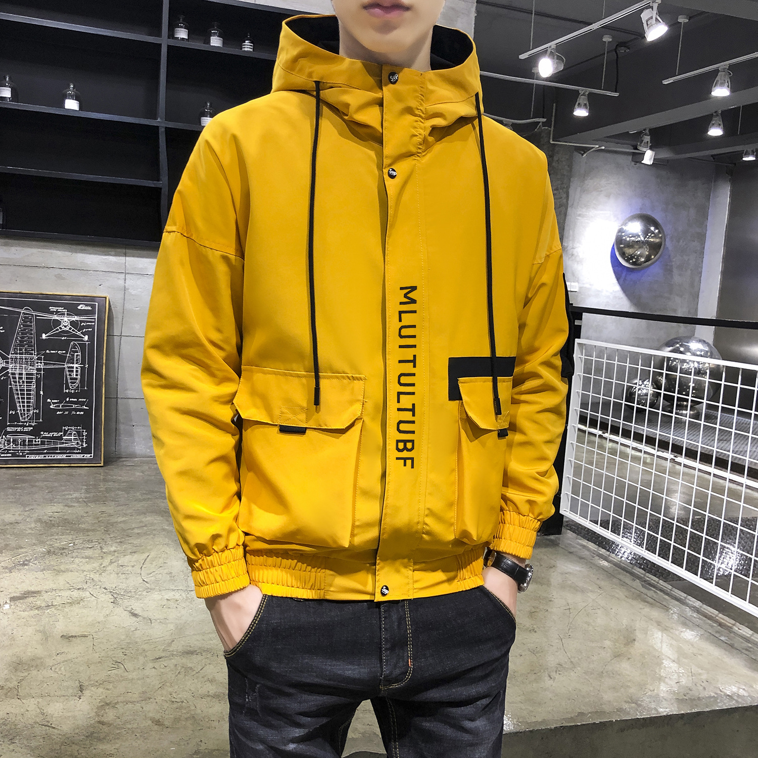 Trendy Jacket Male Youth Print Multi-pocket Top