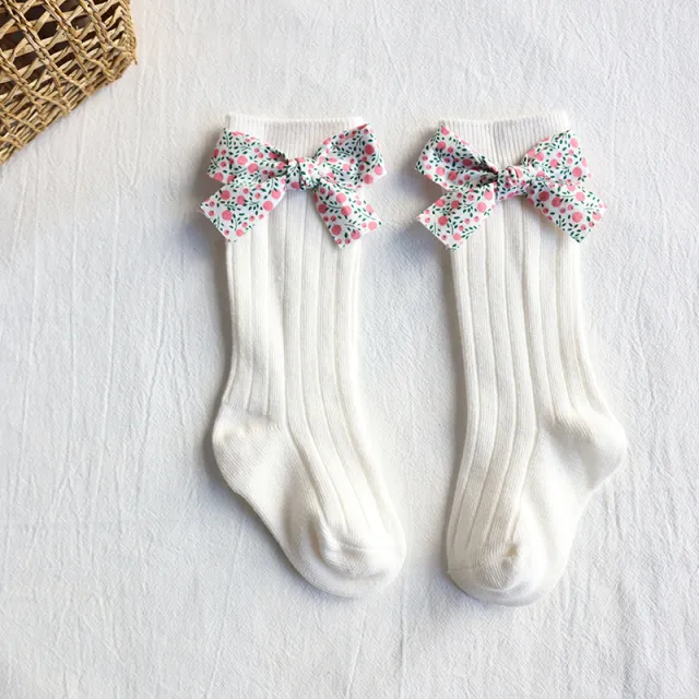 Ins Spring And Autumn Spain Baby Pit Striped Floral Bow Socks Baby Wild Princess Long Tube Socks White - Shop at LoveMi
