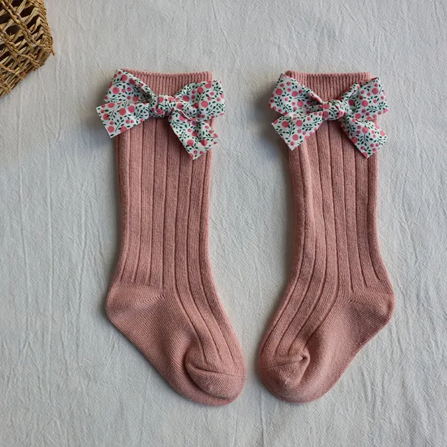 Ins Spring And Autumn Spain Baby Pit Striped Floral Bow Socks Baby Wild Princess Long Tube Socks Pink - Shop at LoveMi