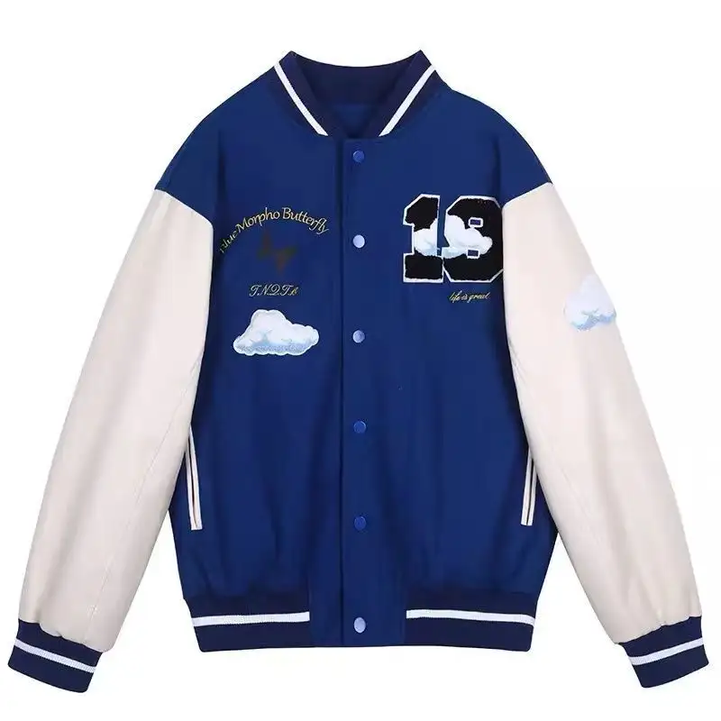 Women's White Cloud Stitching Baseball Uniform Woolen Jacket