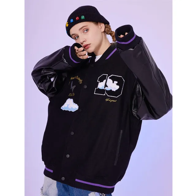 Women's White Cloud Stitching Baseball Uniform Woolen Jacket White - Shop at LoveMi