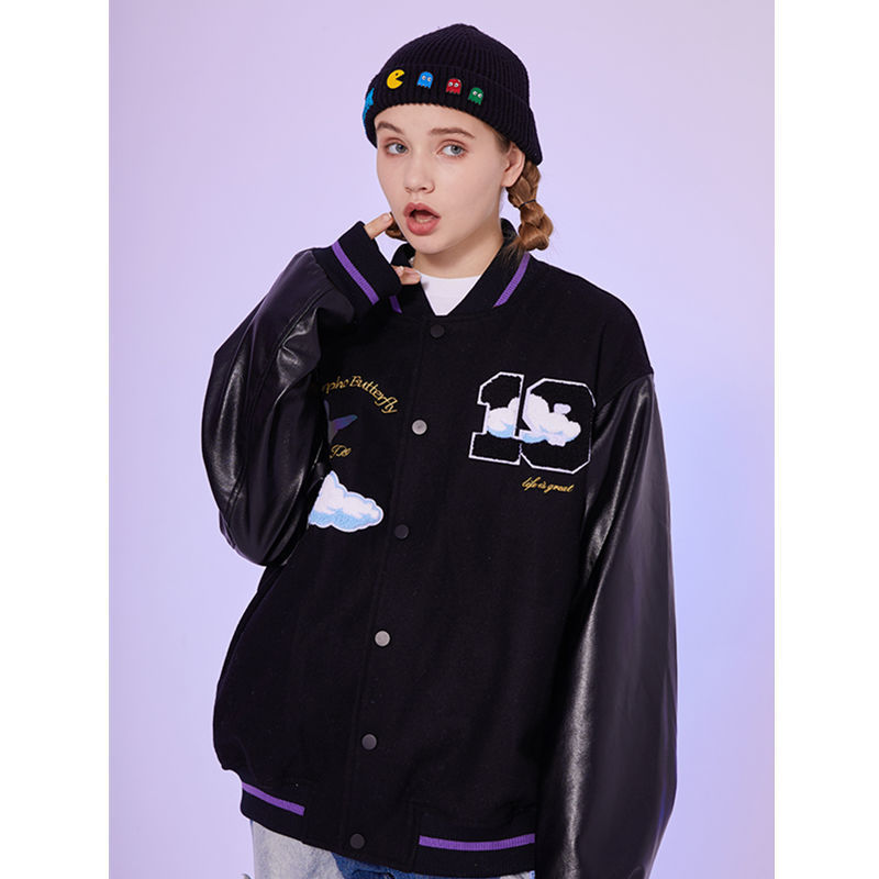 Women's White Cloud Stitching Baseball Uniform Woolen Jacket