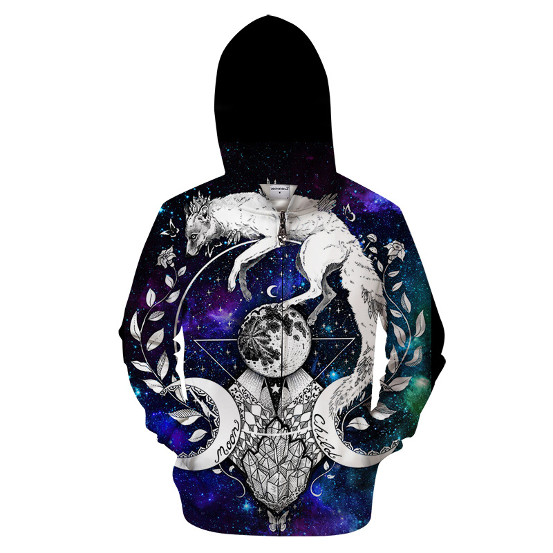 European and American Lion Wolf Moon Print Zip Hoodie