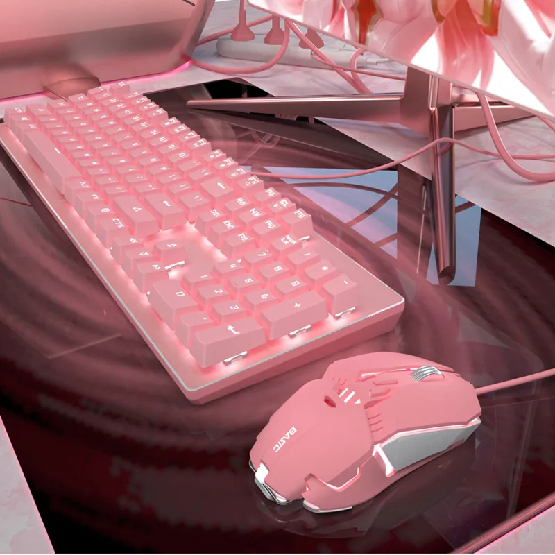 Pink Real Mechanical Keyboard and Mouse Set Girls Cute