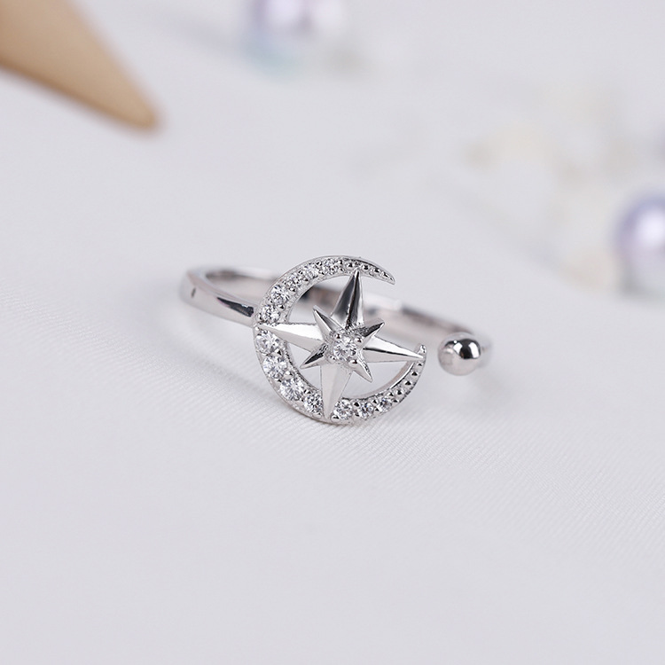 925 Sterling Silver With Rhinestone Cute Moon Star Free Size Rings