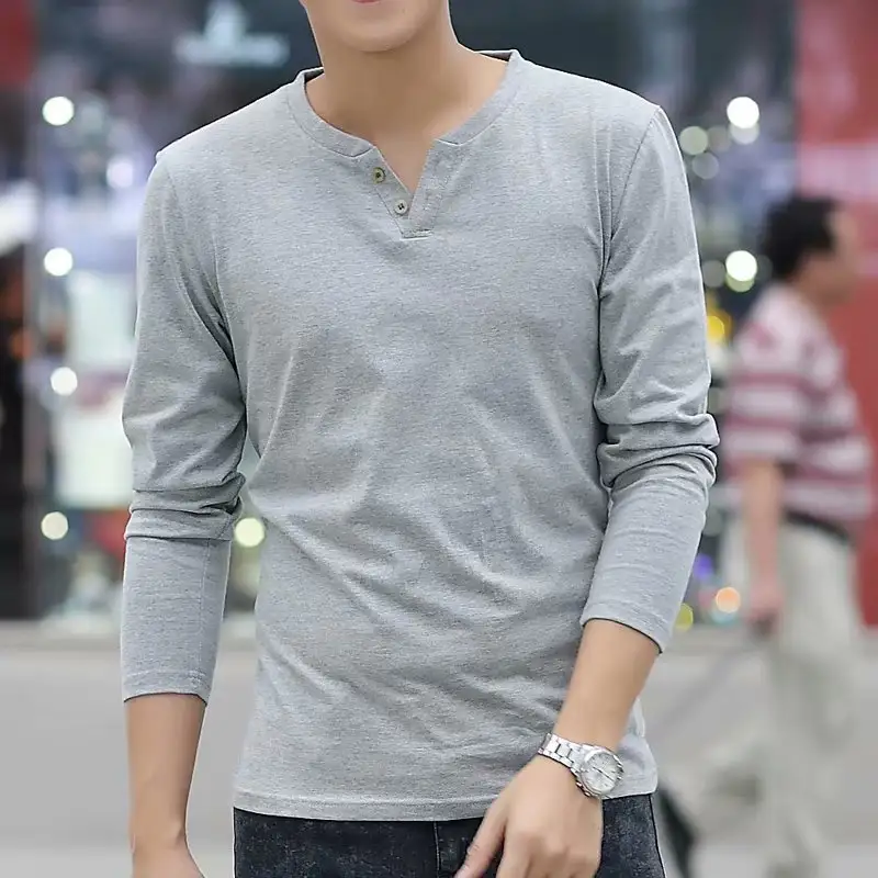 Korean Style V-neck Two-button Long-sleeved T-shirt
